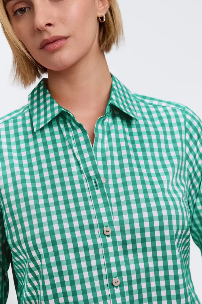 Foxcroft Margie Gingham Stretch Matte Sateen Shirt in Kelly Green - Mildred Hoit