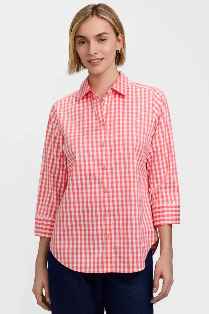 Foxcroft Margie Gingham Stretch Matte Sateen Shirt in Georgia Peach - Mildred Hoit