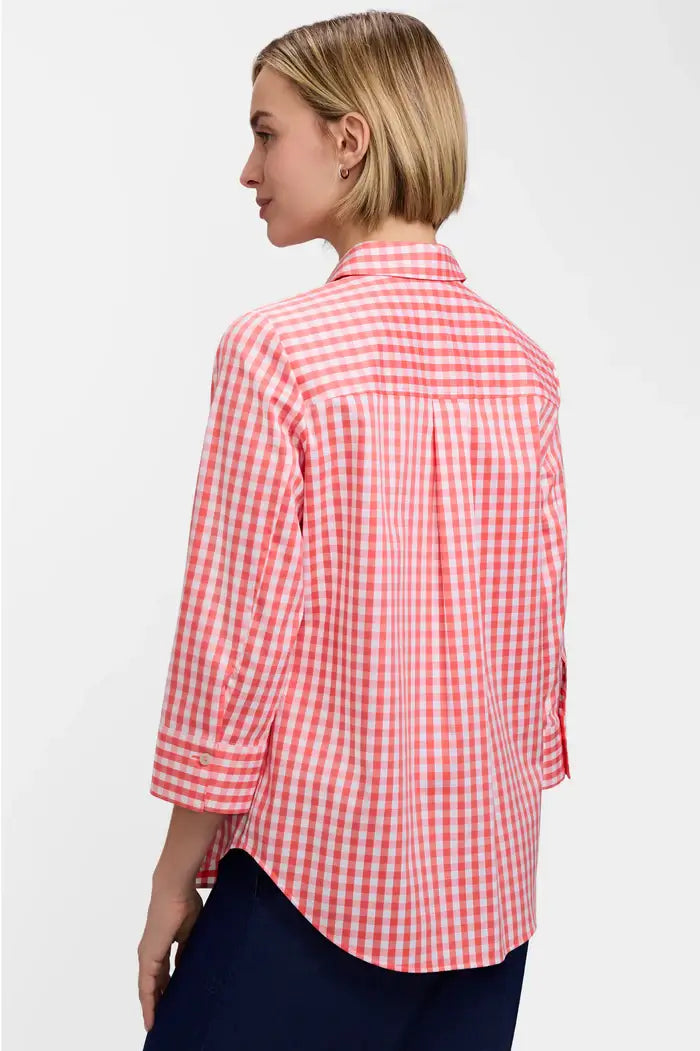 Foxcroft Margie Gingham Stretch Matte Sateen Shirt in Georgia Peach - Mildred Hoit