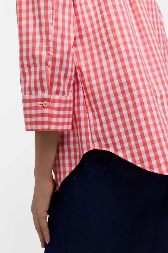 Foxcroft Margie Gingham Stretch Matte Sateen Shirt in Georgia Peach - Mildred Hoit