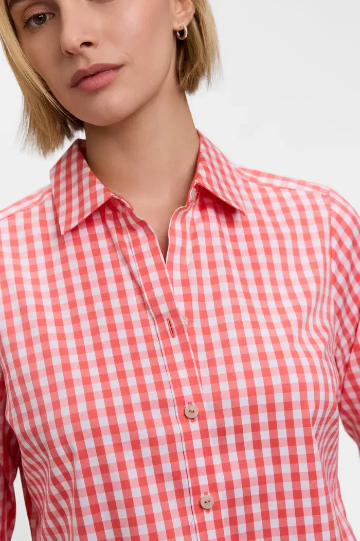 Foxcroft Margie Gingham Stretch Matte Sateen Shirt in Georgia Peach - Mildred Hoit