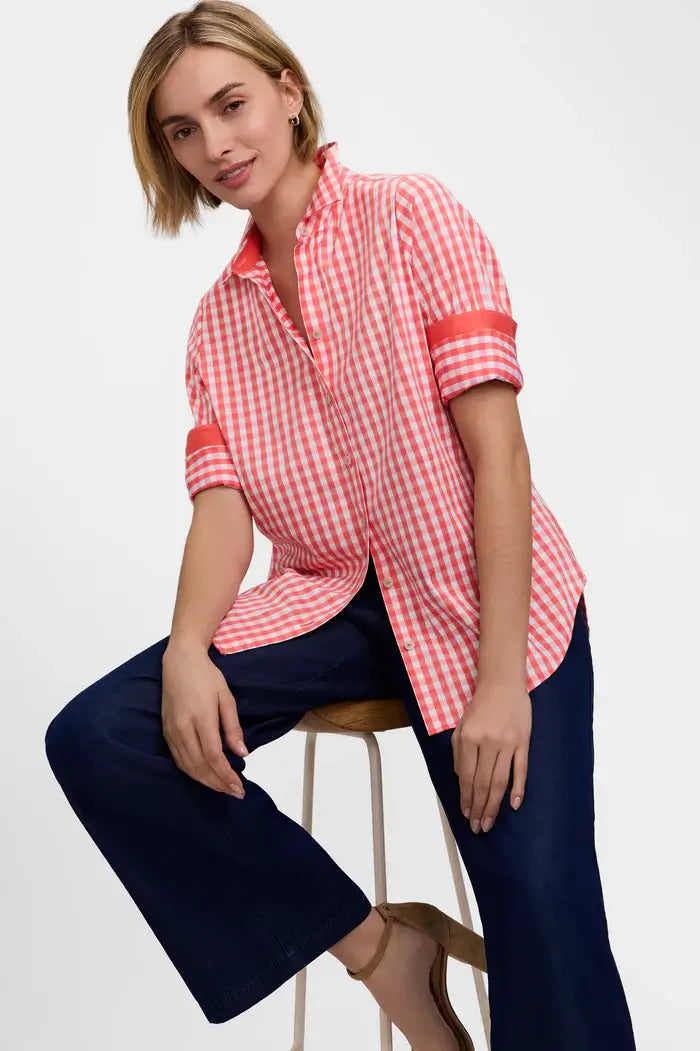 Foxcroft Margie Gingham Stretch Matte Sateen Shirt in Georgia Peach - Mildred Hoit