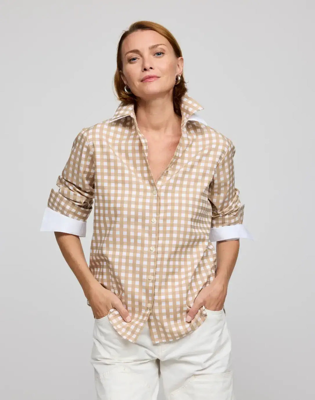 Hinson Wu Margot Gingham Top in Latte and White