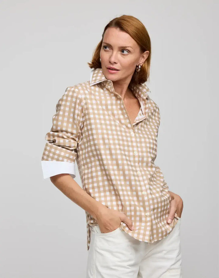 Hinson Wu Margot Gingham Top in Latte and White