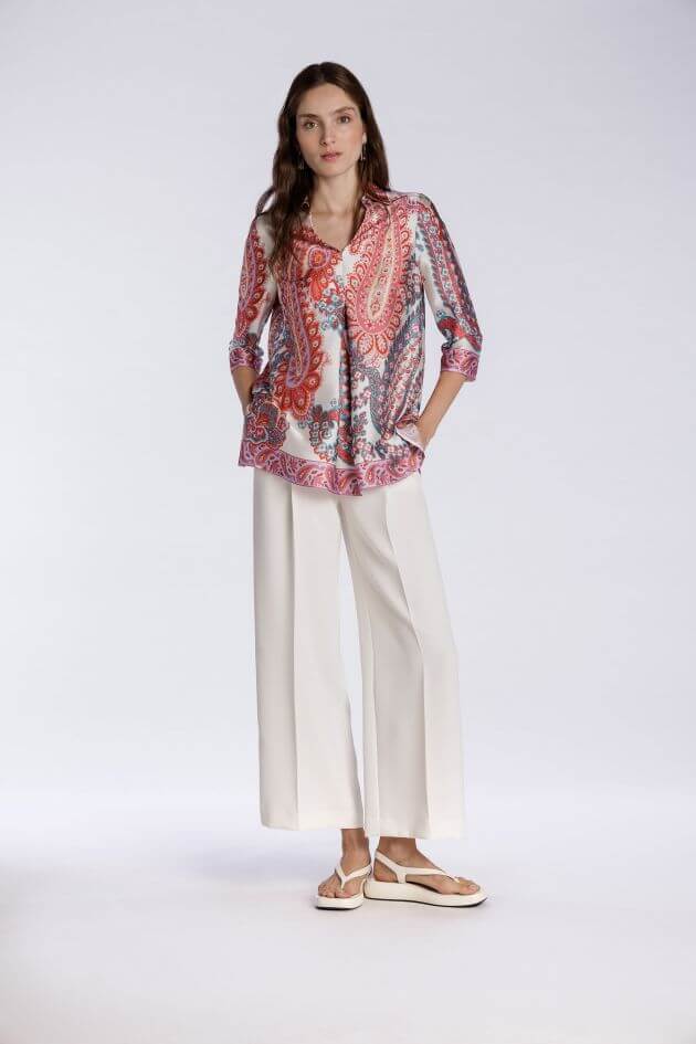 Pleated Satin Blouse in Coral Paisley - Mildred Hoit