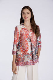 Pleated Satin Blouse in Coral Paisley available at Mildred Hoit in Palm Beach.