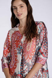 Pleated Satin Blouse in Coral Paisley