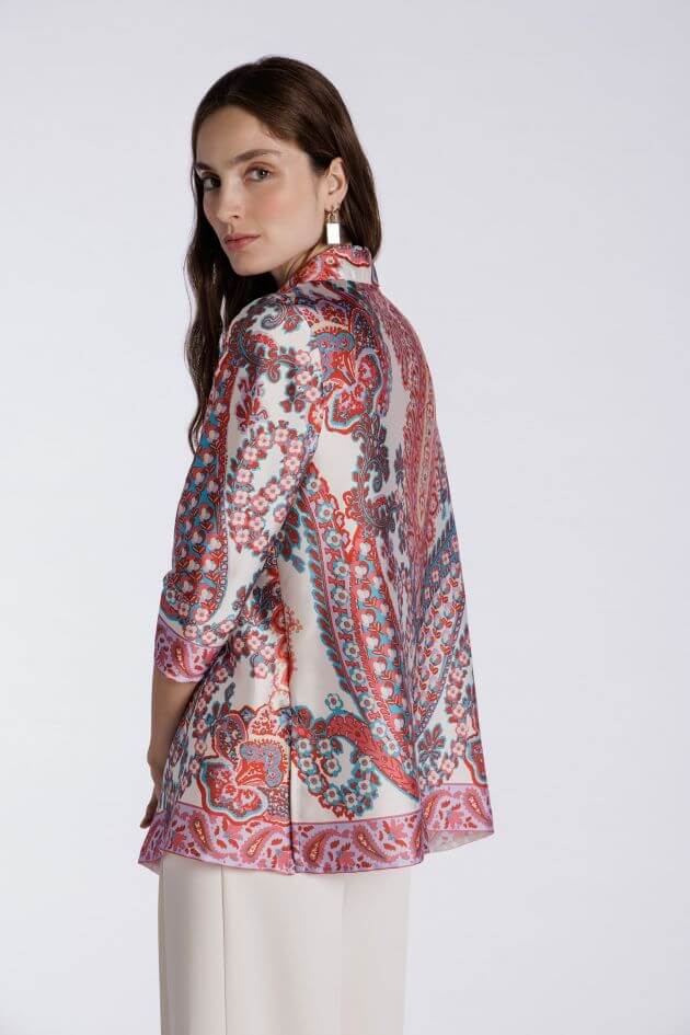 Pleated Satin Blouse in Coral Paisley - Mildred Hoit