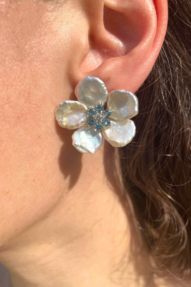 Freshwater Pearl Flower Earring with Topaz and Diamond Center