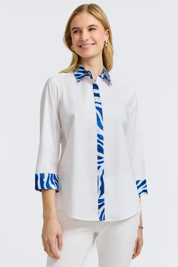 Foxcroft Luna Tonal Zebra Blouse available at Mildred Hoit in Palm Beach.