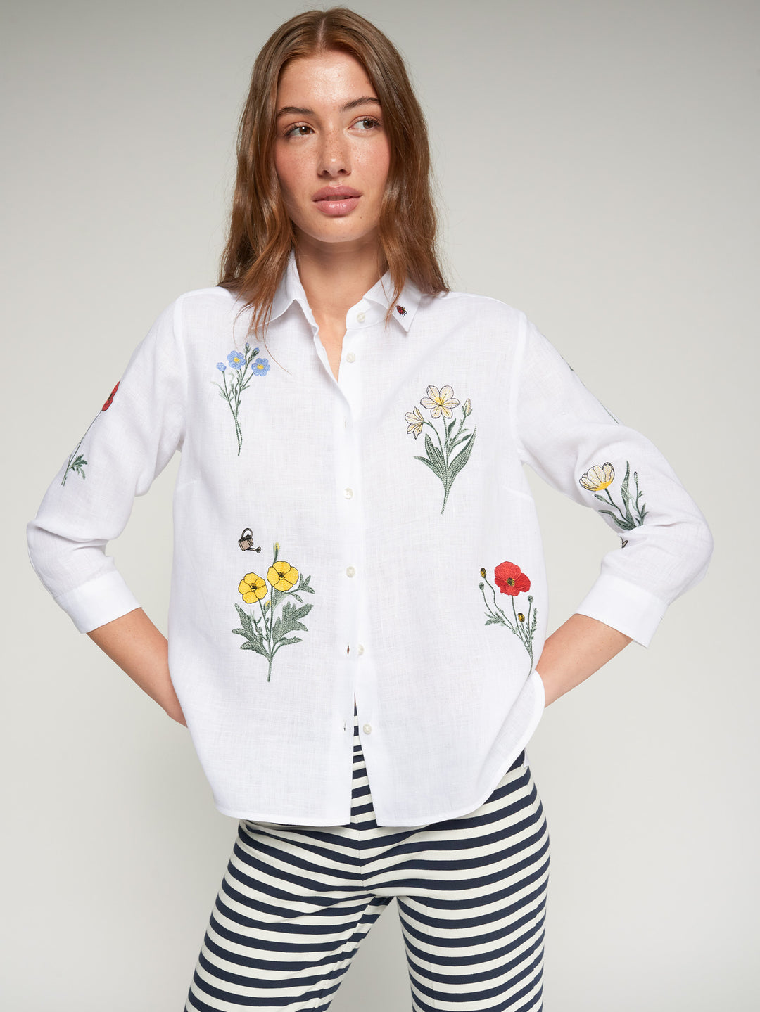 Vilagallo White Shirt with Embroidered Flowers - Mildred Hoit