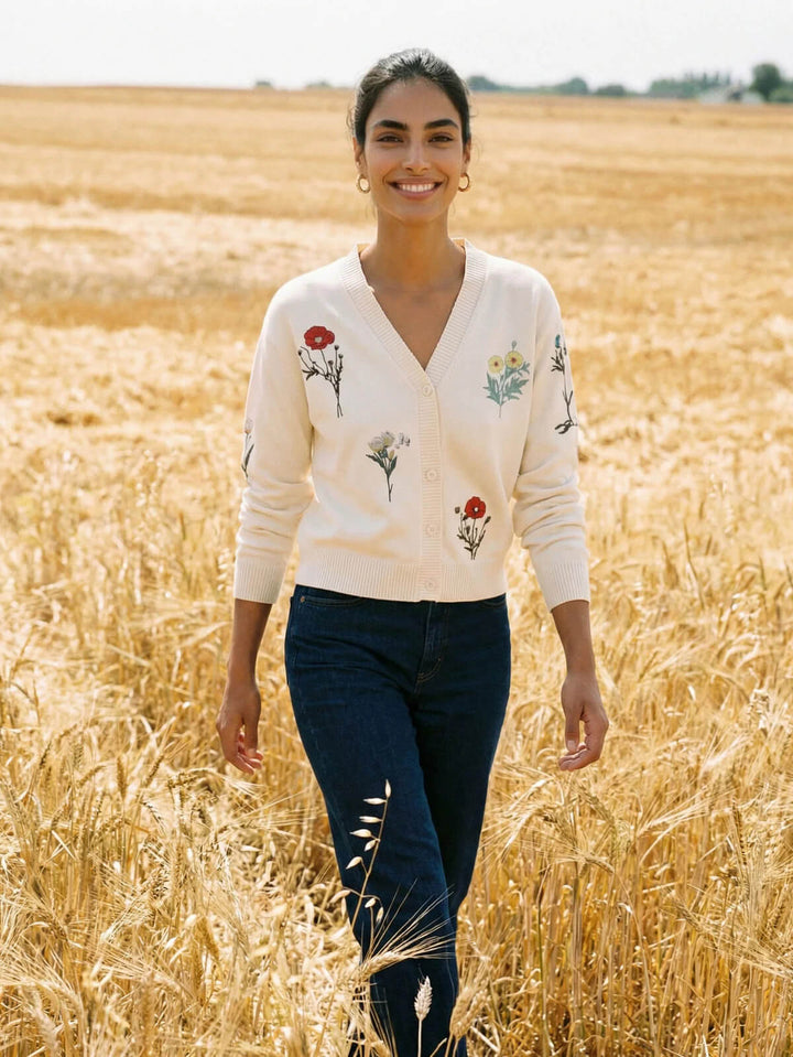 Vilagallo Ecru Cardigan with Embroidered Flowers - Mildred Hoit