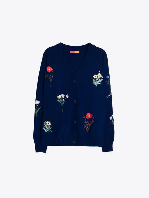 Vilagallo Navy Cardigan with Embroidered Flowers - Mildred Hoit