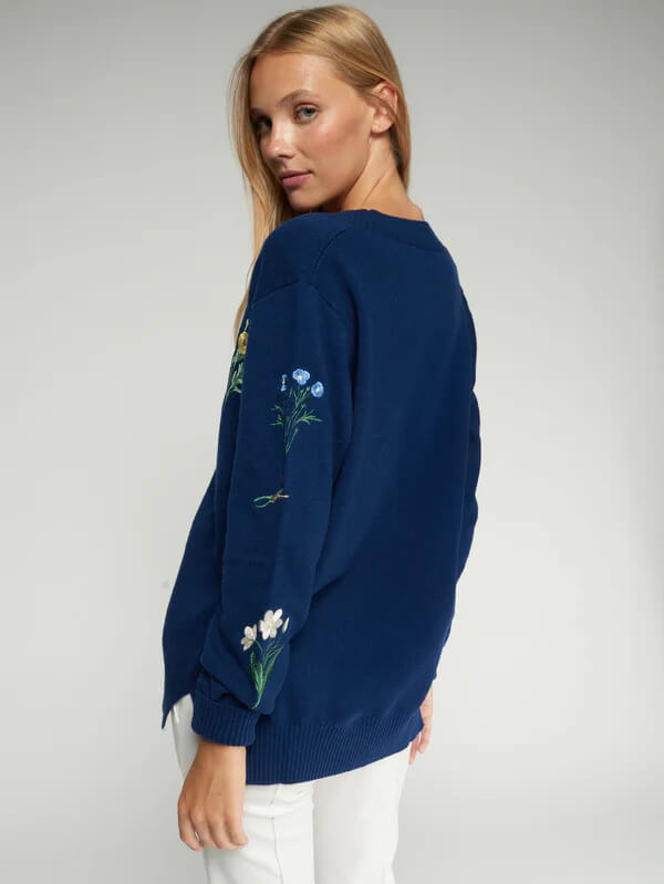 Vilagallo Navy Cardigan with Embroidered Flowers - Mildred Hoit