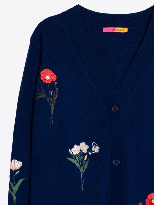 Vilagallo Navy Cardigan with Embroidered Flowers - Mildred Hoit