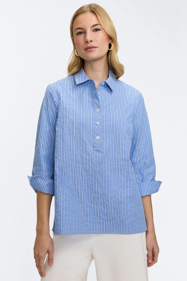 Foxcroft Therese Blue Seersucker 3/4 Sleeve Popover Shirt - Mildred Hoit