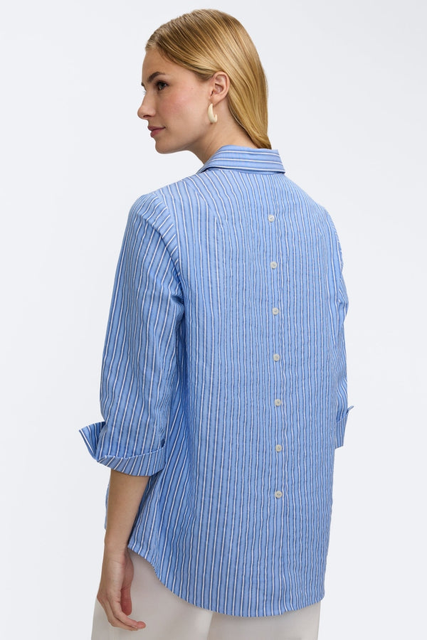 Foxcroft Therese Blue Seersucker 3/4 Sleeve Popover Shirt - Mildred Hoit