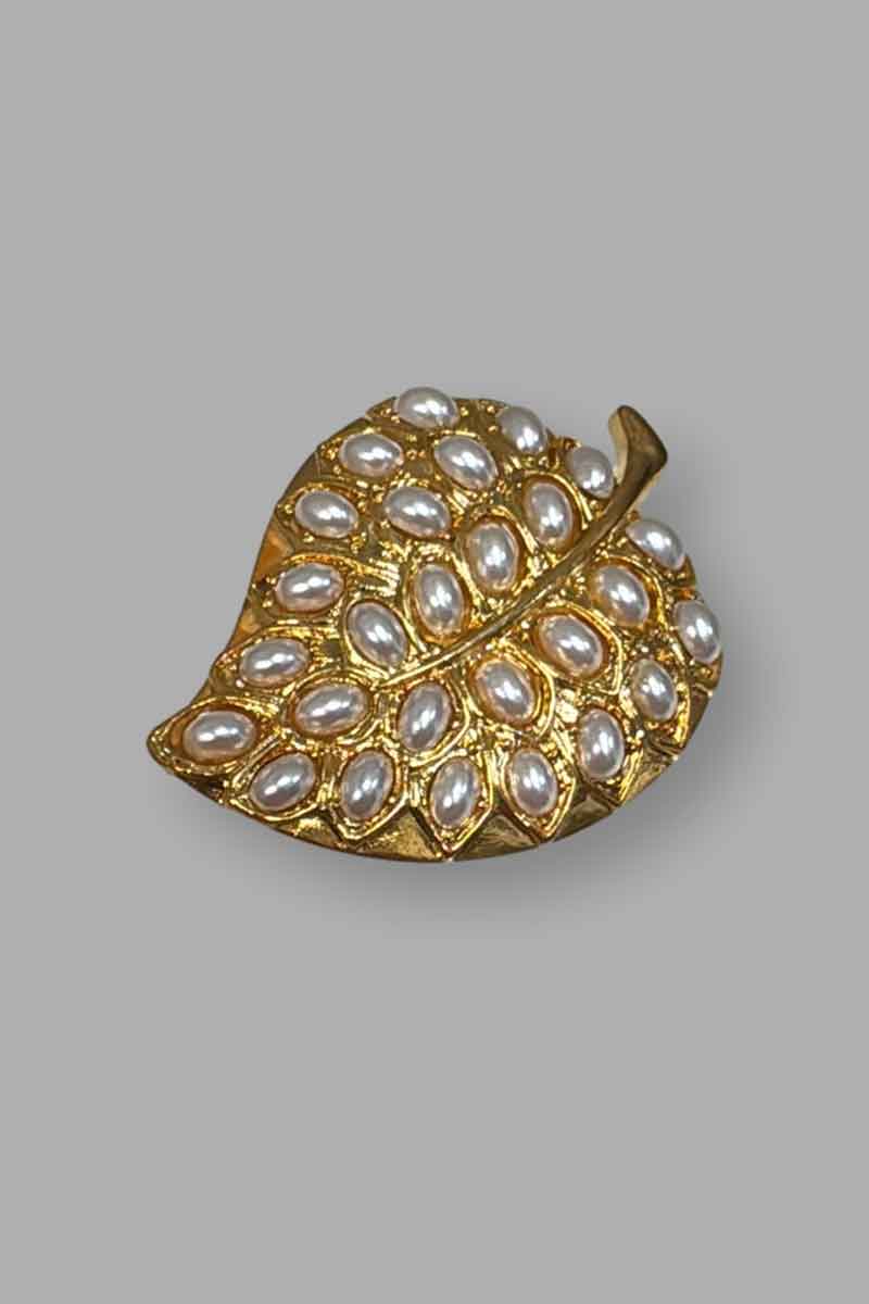 Kenneth Jay Lane Gold and Pearl Cabochons Leaf Pin - Mildred Hoit