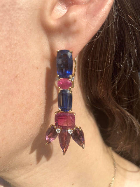 18K Gold, Kanzite, and Tourmaline Earrings available at Mildred Hoit in Palm Beach.