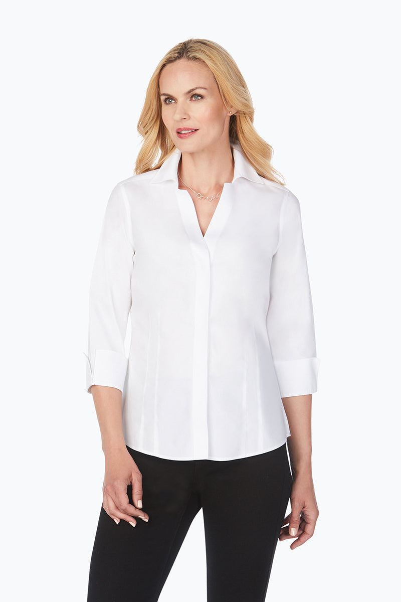 Foxcroft Taylor 3/4 Sleeve Blouse in White - Mildred Hoit