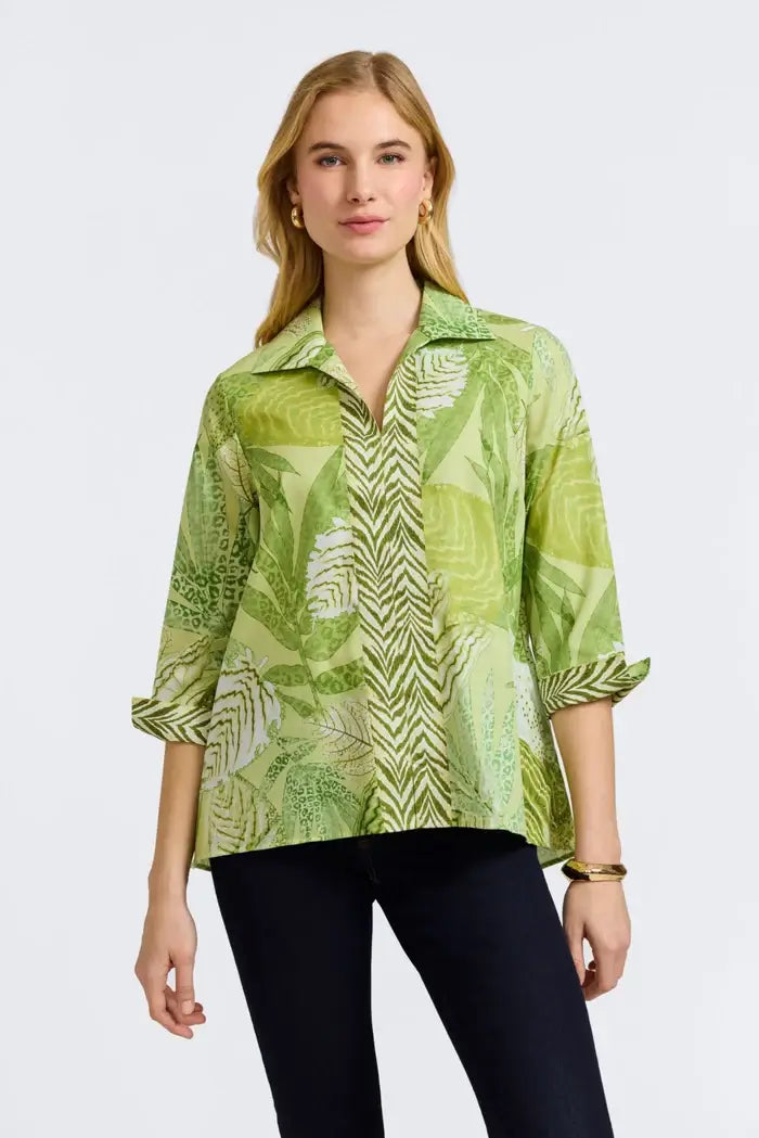 Foxcroft Agnes Linen Giraffe Shirt in Leaf Green - Mildred Hoit