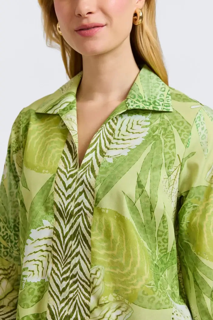 Foxcroft Agnes Linen Giraffe Shirt in Leaf Green - Mildred Hoit