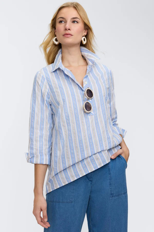 Foxcroft Therese Multi Seersucker 3/4 Sleeve Popover Shirt - Mildred Hoit