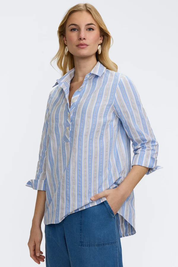 Foxcroft Therese Multi Seersucker 3/4 Sleeve Popover Shirt - Mildred Hoit