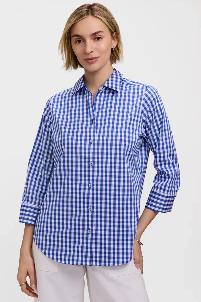 Foxcroft Margie Gingham Stretch Matte Sateen Shirt in Deep Sea - Mildred Hoit