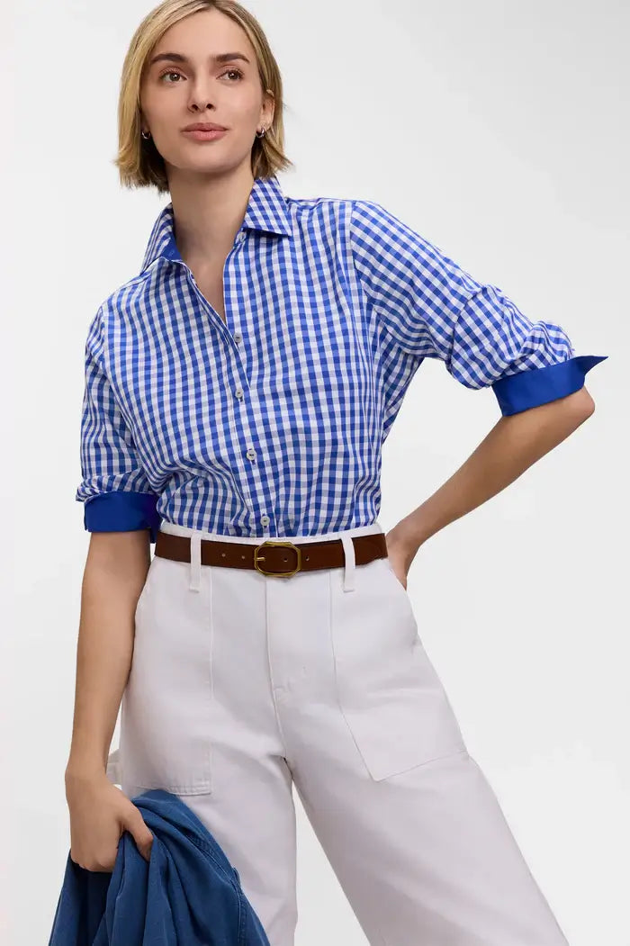 Foxcroft Margie Gingham Stretch Matte Sateen Shirt in Deep Sea - Mildred Hoit