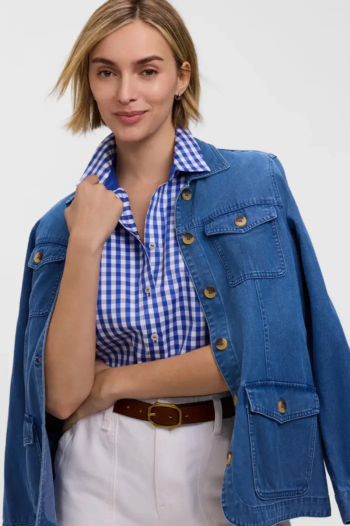 Foxcroft Margie Gingham Stretch Matte Sateen Shirt in Deep Sea - Mildred Hoit