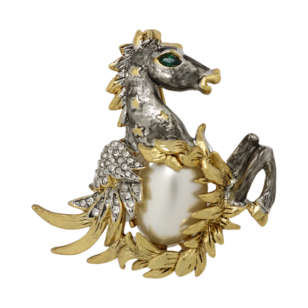 Kenneth Jay Lane White Pearl & Crystal Pegasus Pin - Mildred Hoit
