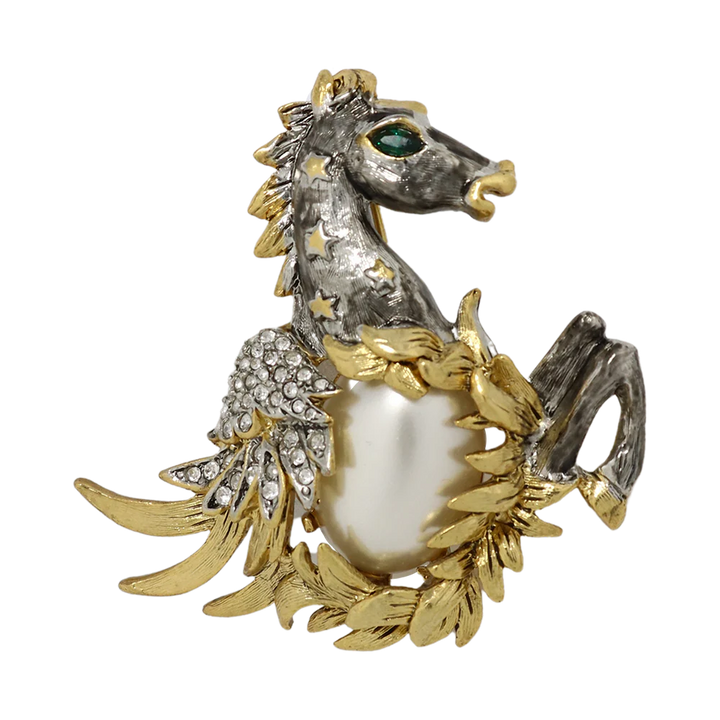 Kenneth Jay Lane White Pearl & Crystal Pegasus Pin - Mildred Hoit