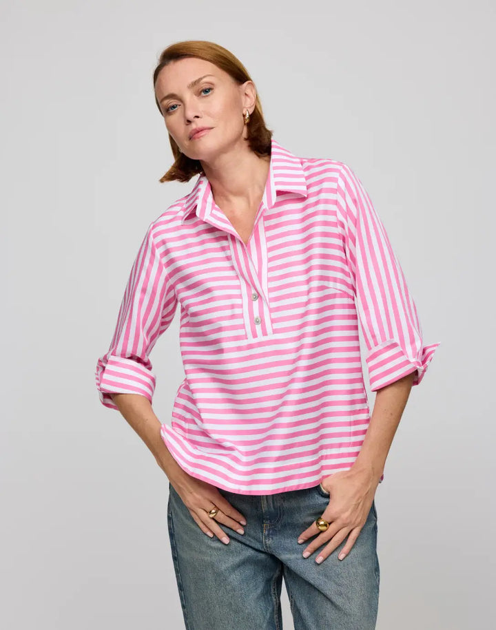 Hinson Wu Aileen Stripe and Gingham Combo Top in Guava