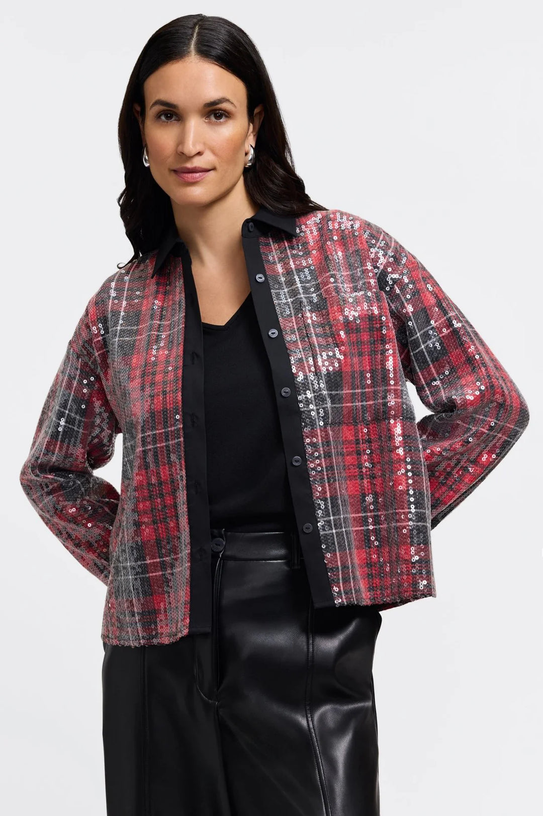 Marina Long Sleeve Sequin Plaid Shirt in Red