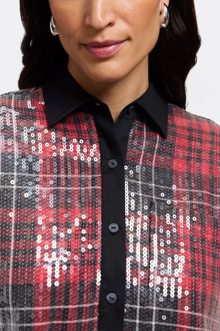 Marina Long Sleeve Sequin Plaid Shirt in Red