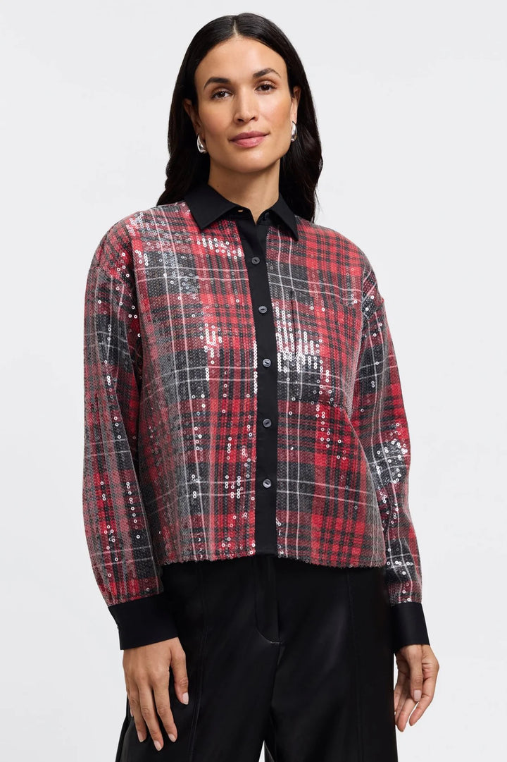 Marina Long Sleeve Sequin Plaid Shirt in Red