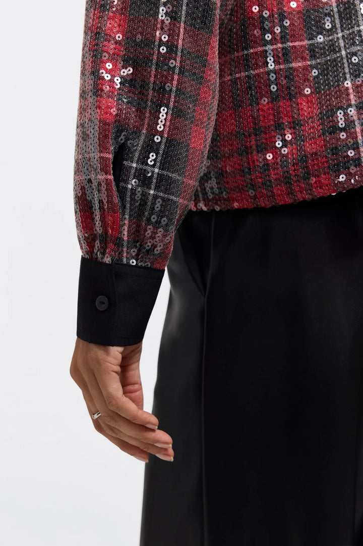 Marina Long Sleeve Sequin Plaid Shirt in Red