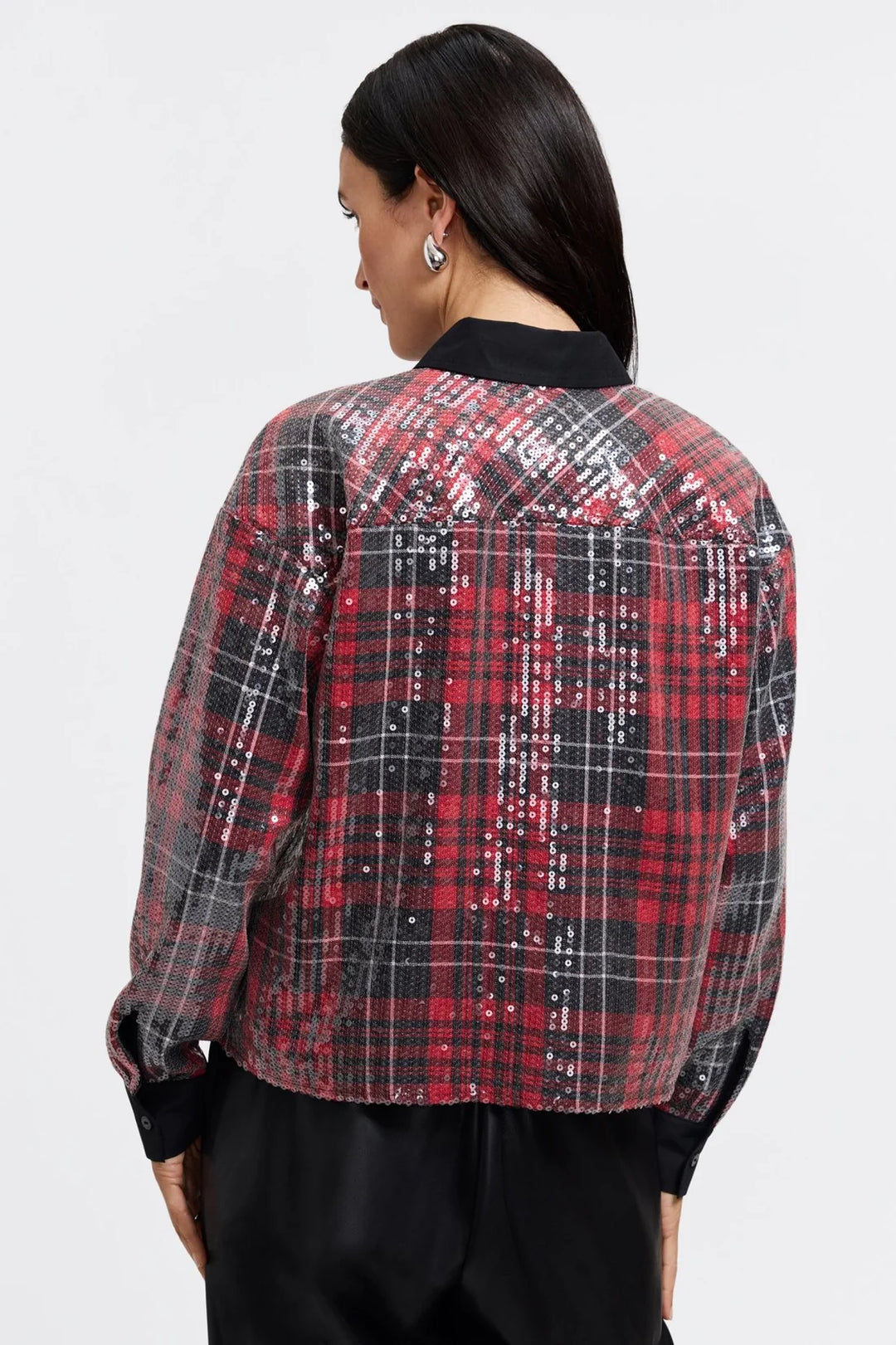 Marina Long Sleeve Sequin Plaid Shirt in Red