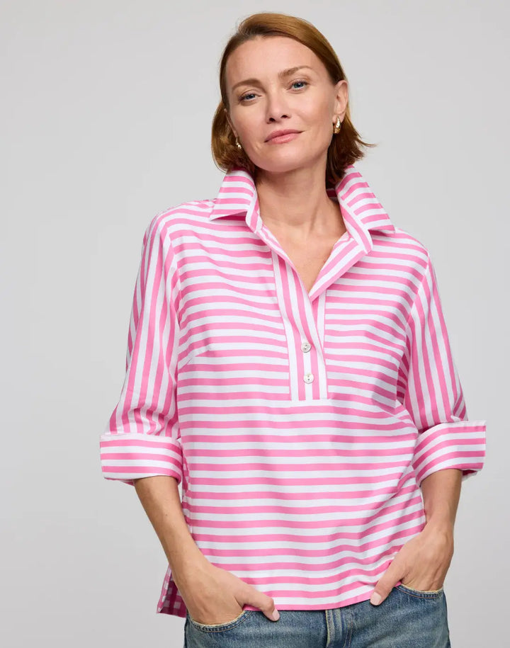 Hinson Wu Aileen Stripe and Gingham Combo Top in Guava