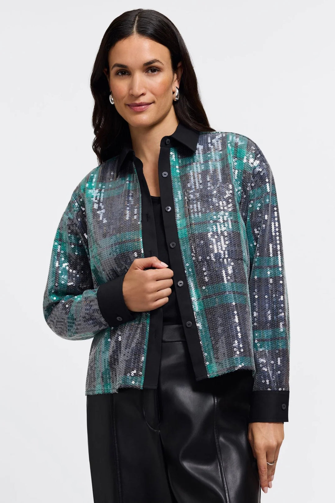 Marina Long Sleeve Sequin Plaid Shirt in Navy