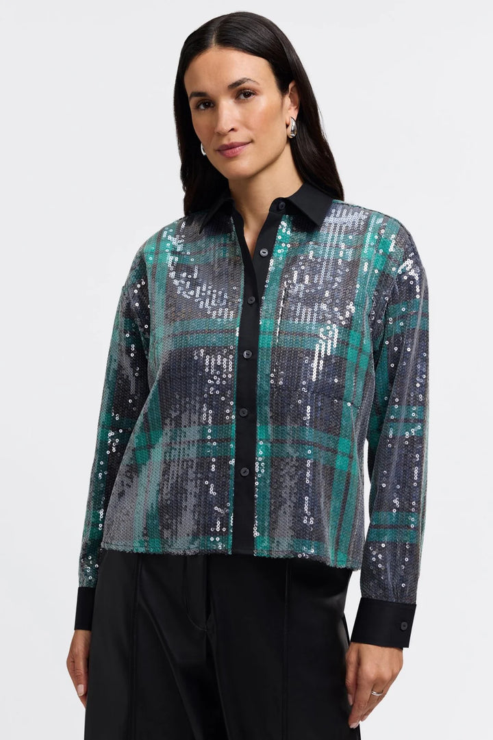 Marina Long Sleeve Sequin Plaid Shirt in Navy