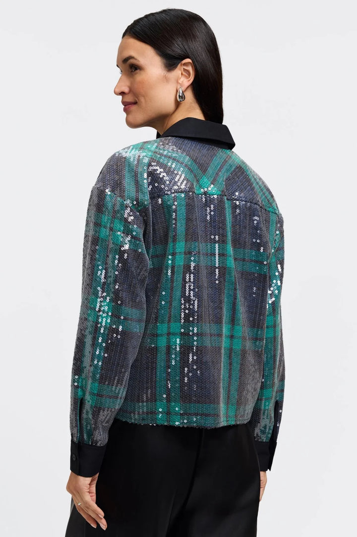 Marina Long Sleeve Sequin Plaid Shirt in Navy