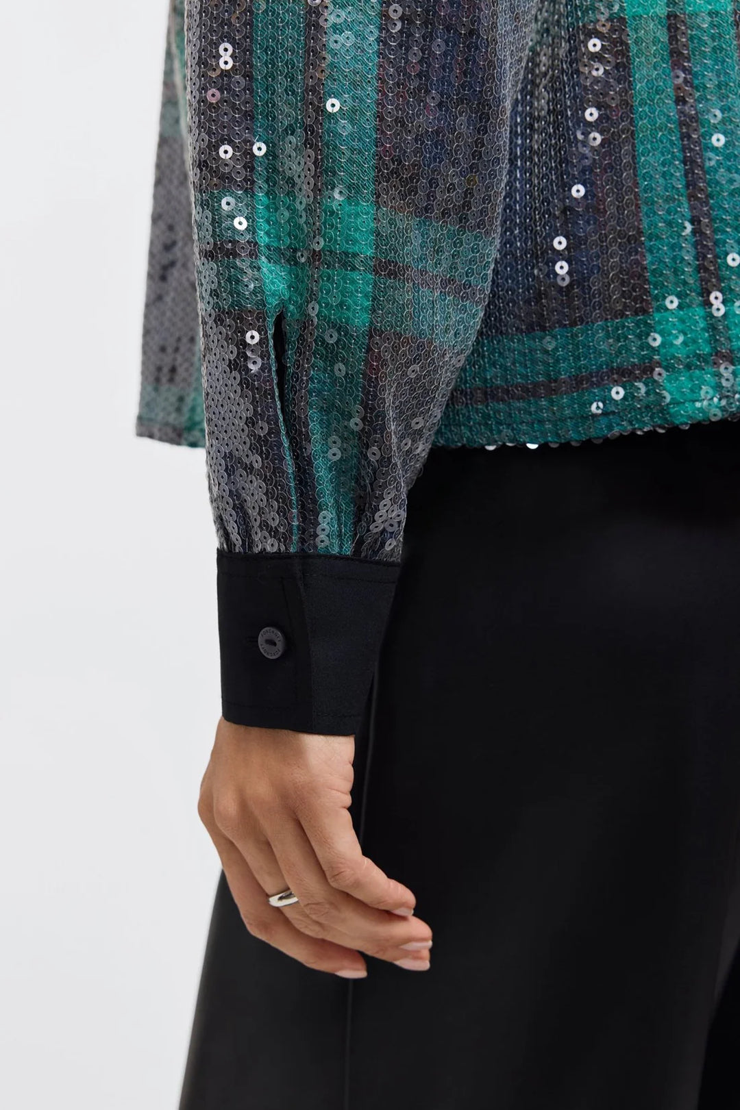 Marina Long Sleeve Sequin Plaid Shirt in Navy