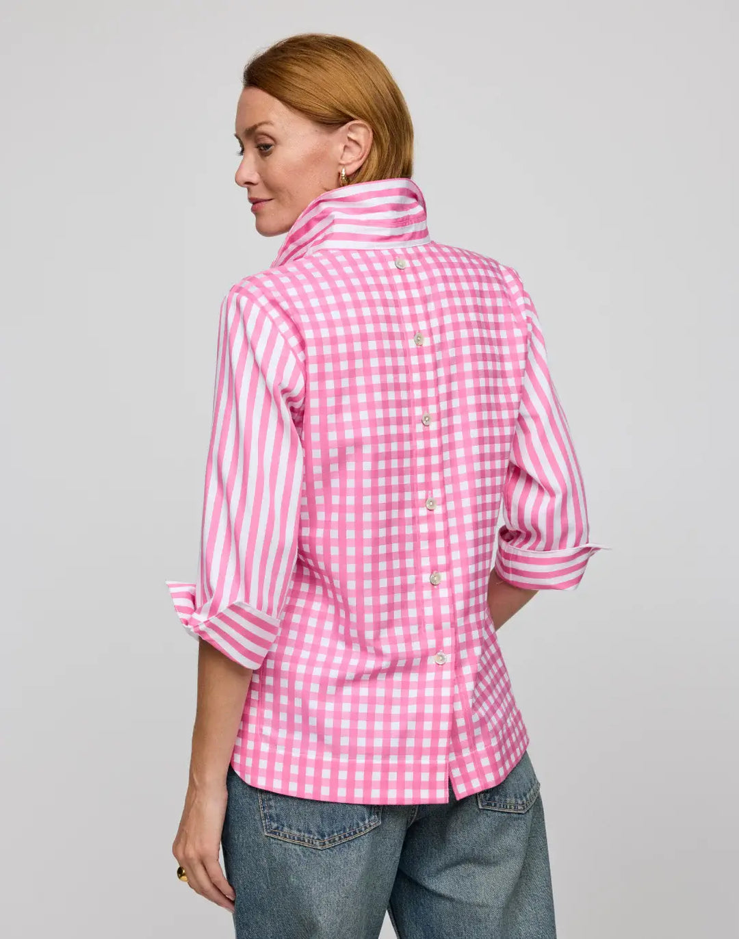 Hinson Wu Aileen Stripe and Gingham Combo Top in Guava