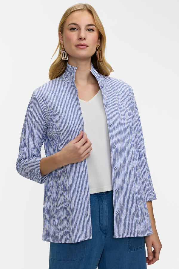 Foxcroft Carolina Crinkle Jacquard 3/4 Sleeve Shirt Jacket in White & Blue - Mildred Hoit