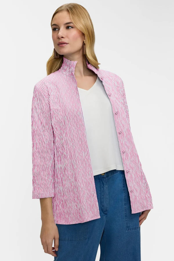 Foxcroft Carolina Crinkle Jacquard 3/4 Sleeve Shirt Jacket in White & Pink - Mildred Hoit
