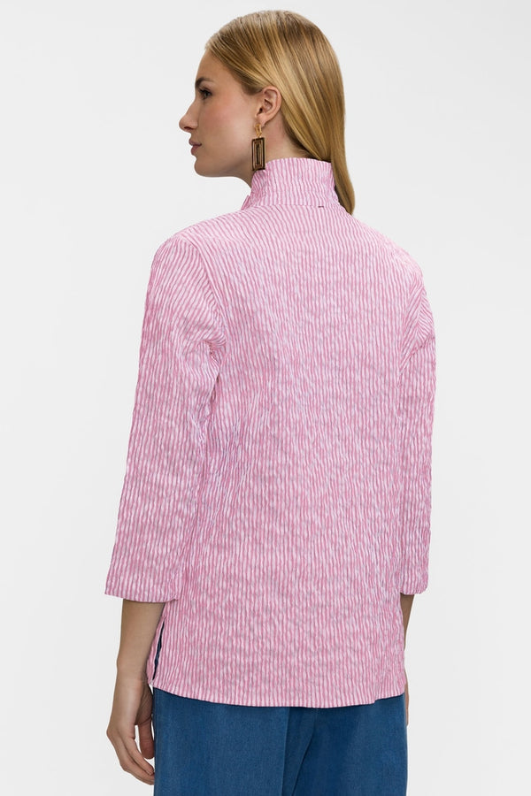 Foxcroft Carolina Crinkle Jacquard 3/4 Sleeve Shirt Jacket in White & Pink - Mildred Hoit