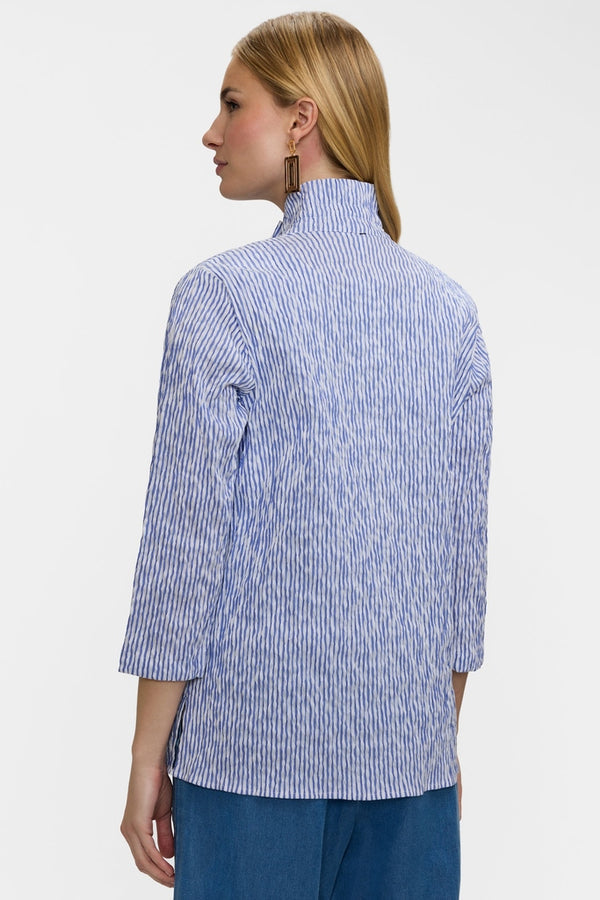 Foxcroft Carolina Crinkle Jacquard 3/4 Sleeve Shirt Jacket in White & Blue - Mildred Hoit