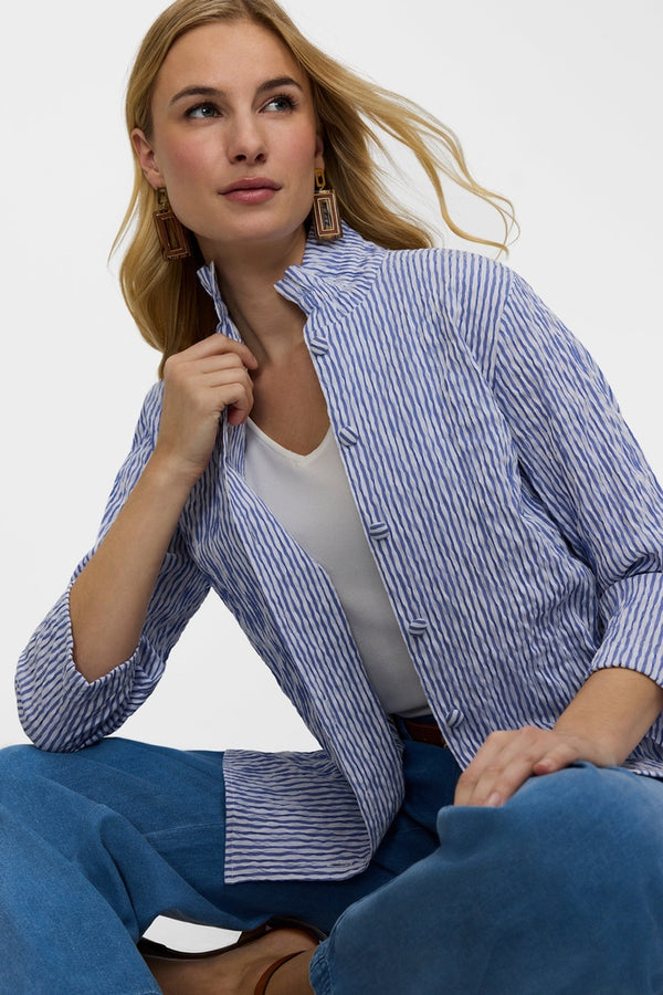 Foxcroft Carolina Crinkle Jacquard 3/4 Sleeve Shirt Jacket in White & Blue - Mildred Hoit